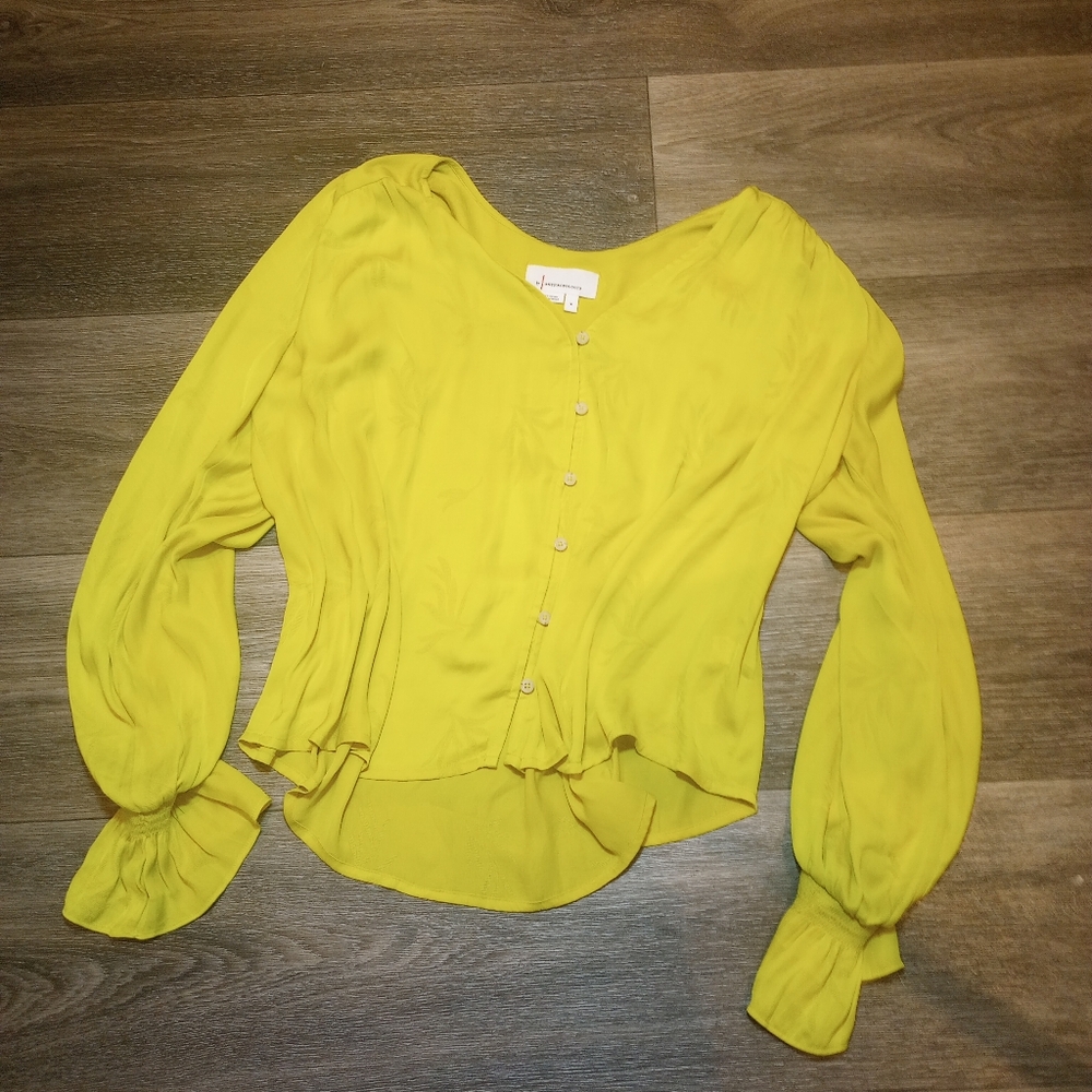 Anthropologie Liora Bold Vibrant Deep V Neck Minimalist Blouse Puff Bell Sleeves
